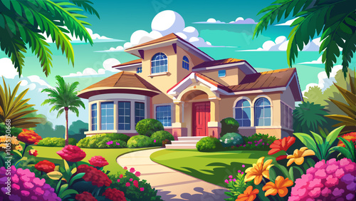 Beautiful Florida home with lush landscaping and bright flowers under a sunny sky during midday