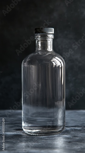 A clear vodka bottle filled with crystal clear liquid stands prominently against a dark background