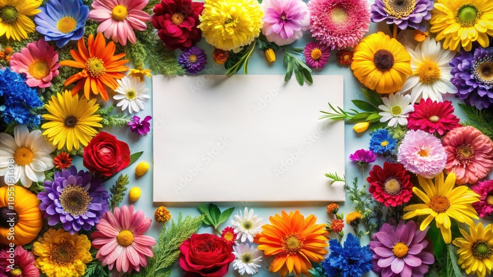 Fototapeta premium Colorful Flower Border Mockup with Blank Paper for Creative Projects and Invitations