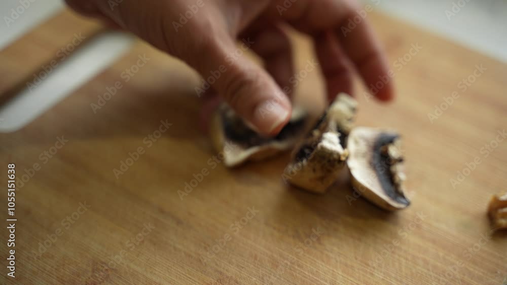 Slicing mushrooms on a cutting board, close up of hands preparing ingredients for cooking Slicing mushrooms on a cutting board, close up of hands preparing ingredients for cooking