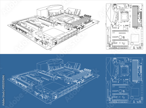 PC Motherboard vector technical drawings line blueprint isolated on transparent background

