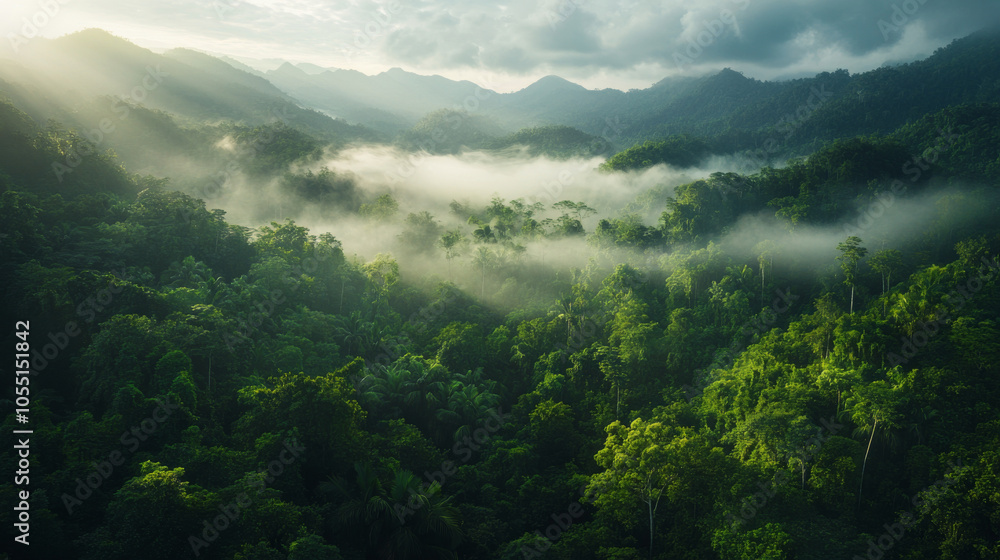 Obraz premium A lush green forest with a foggy mist covering the trees