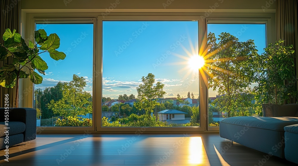 Fototapeta premium Modern living room with large windows overlooking a green landscape with a bright sun shining through the trees.