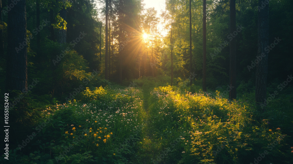 Obraz premium A sunlit forest with a path through the grass