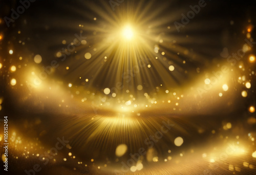 A bright golden light shines from the center of the image, radiating outward like a starburst, with golden bokeh effects.