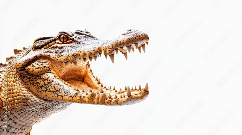 Obraz premium Majestic crocodile with its mouth open, showing sharp fangs and textured scales, standing still against a pure white background, hyper-realistic