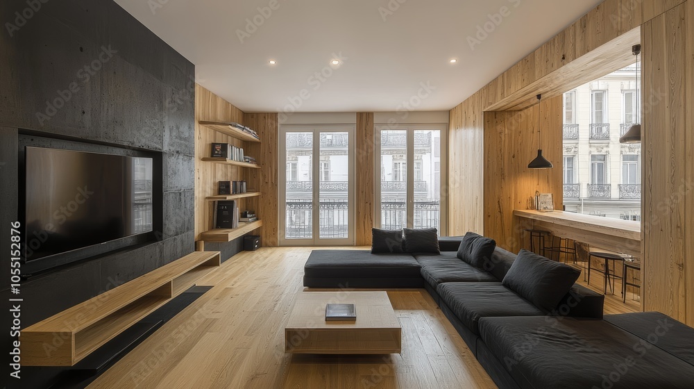 Fototapeta premium Modern living room with large windows, wooden floors, black sofa, and black wall with flat screen TV.