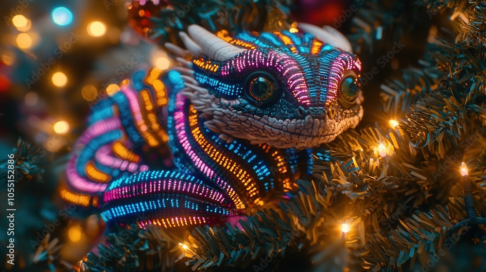 A colorful, illuminated creature nestled in a holiday tree, radiating festive vibes and enchanting charm. A colorful, illuminated creature nestled in a holiday tree, radiating festive vibes and enchanting charm.
