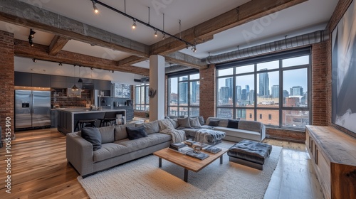 Modern loft living room with exposed brick walls, hardwood floors, and large windows overlooking the city skyline.