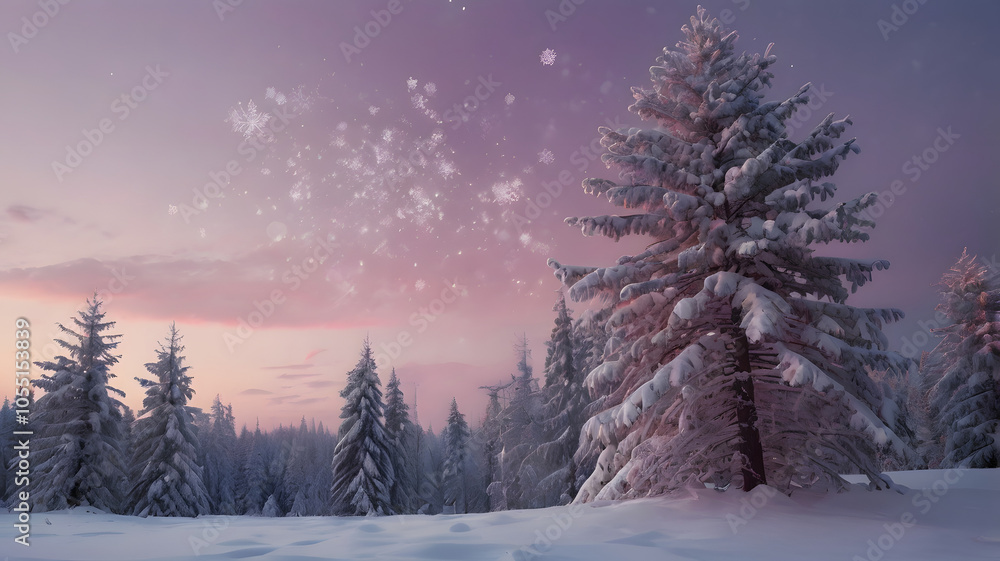 Fototapeta premium A serene winter landscape featuring snow-covered trees and a frosty forest under a bright sky, capturing the beauty of the cold season