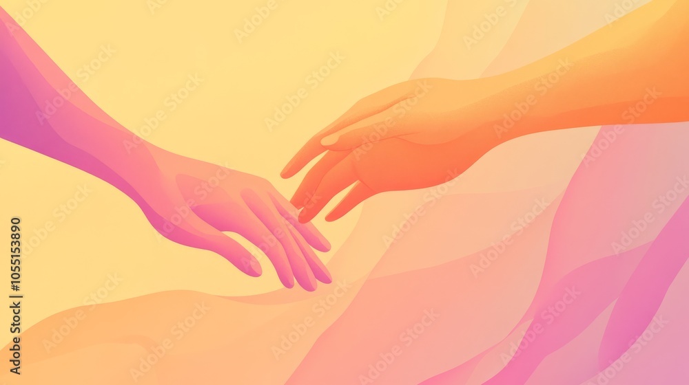 Reaching Out: Two hands, one purple and one orange, reach out to each other against a warm yellow, pink, and orange background. The image symbolizes connection, hope. Reaching Out: Two hands, one purple and one orange, reach out to each other against a warm yellow, pink, and orange background. The image symbolizes connection, hope.