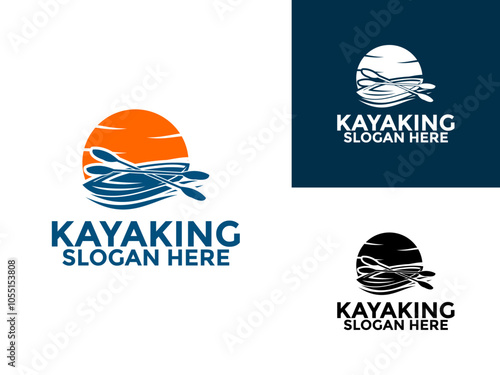 Kayak boat paddle logo vector, River stream kayaking logo design, Ocean Kayaking logo vector template