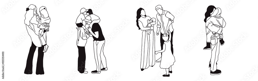 Hand-drawn doodle family icon set. Outline family clipart. Hand-drawn black art. Hand-drawn doodle family icon set. Outline family clipart. Hand-drawn black art.