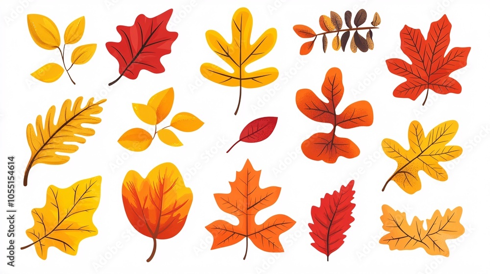2410 48.A vibrant set of autumn leaves in various shapes and colors, including yellow, orange, and red oak, maple, and chestnut leaves. The flat vector design highlights the distinctive shapes of 2410 48.A vibrant set of autumn leaves in various shapes and colors, including yellow, orange, and red oak, maple, and chestnut leaves. The flat vector design highlights the distinctive shapes of