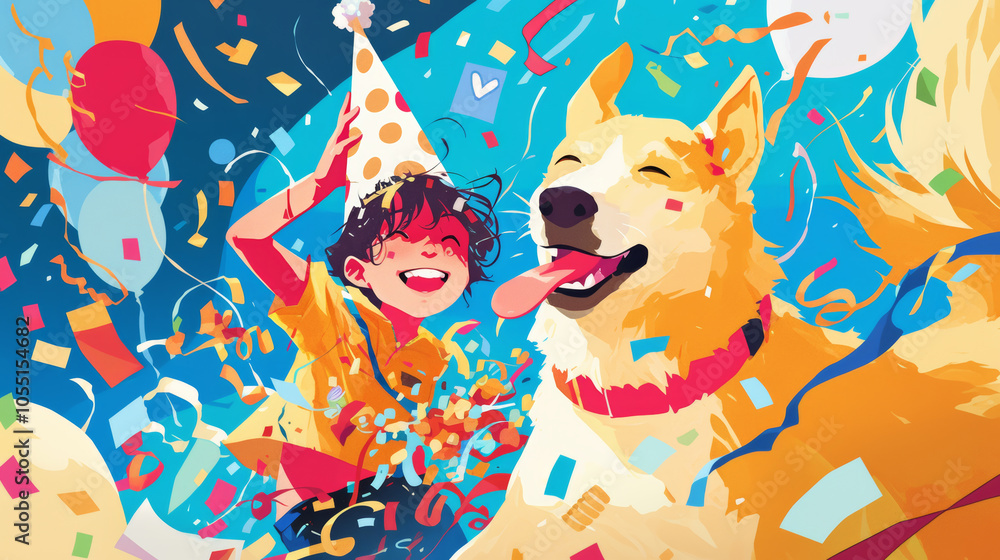 Naklejka premium A joyful child wearing party hat celebrates with happy dog amidst colorful confetti and balloons. scene radiates fun and excitement, capturing delightful moment of companionship