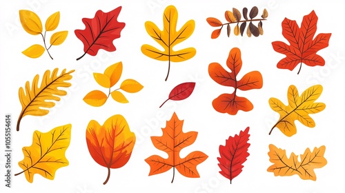 2410 48.A vibrant set of autumn leaves in various shapes and colors, including yellow, orange, and red oak, maple, and chestnut leaves. The flat vector design highlights the distinctive shapes of