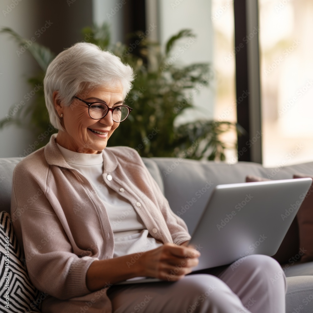 Senior woman enjoying leisure time at home using a laptop on a cozy sofa with natural light and indoor plants Senior woman enjoying leisure time at home using a laptop on a cozy sofa with natural light and indoor plants