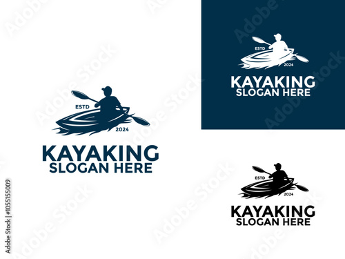 Kayak boat paddle logo vector, River stream kayaking logo design, Ocean Kayaking logo vector template
