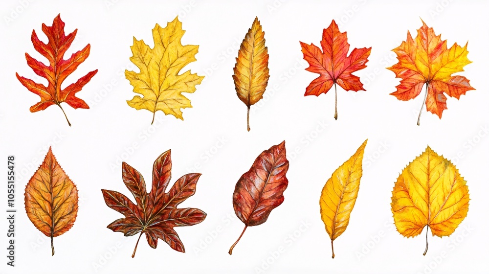 Fototapeta premium 2410 47.A collection of brightly colored autumn leaves, featuring oak, maple, and chestnut in shades of yellow, orange, and red. The leaves are illustrated in a simple, flat style, each with detailed