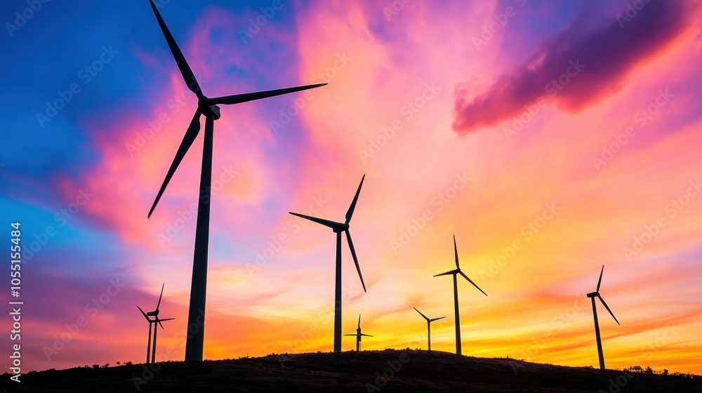 Obraz premium Wind Turbines Silhouetted Against a Colorful Sunset