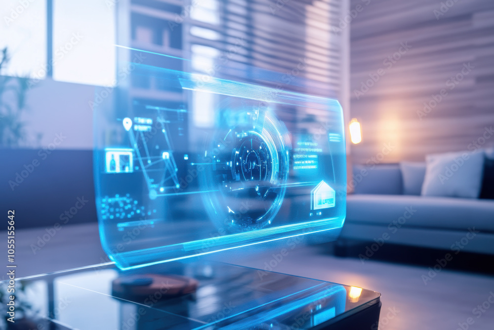 Futuristic smart home technology concept with holographic interface in modern living room Futuristic smart home technology concept with holographic interface in modern living room