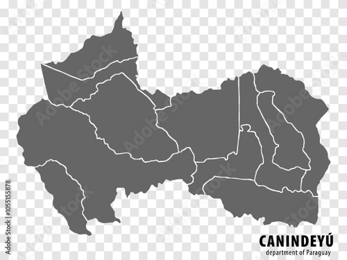 Blank map Canindeyu Department of Paraguay. High quality map Department  of Canindeyu with districts on transparent background for your web site design, logo, app, UI.  Republic of Paraguay.  EPS10. photo