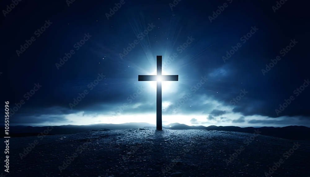 Naklejka premium Eternal Light: A Cross Illuminated Against the Darkened Sky
