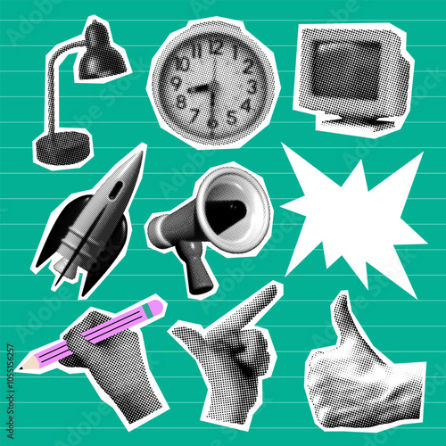 Set of retro halftone design elements. Paper cutout elements with alarm clock, loudspeaker, computer, rocket, hands. Modern collage
