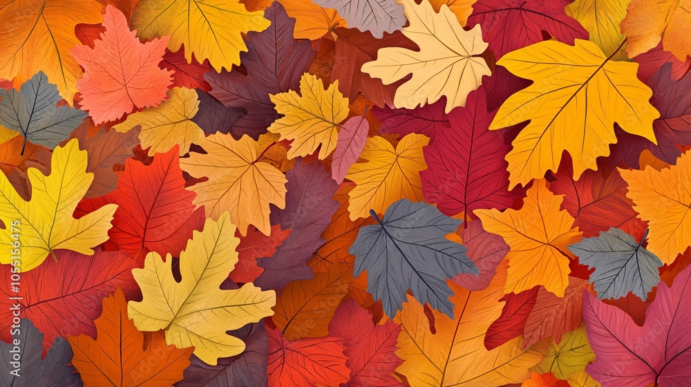 2410 49.A colorful collection of autumn leaves from different trees such as oak, maple, and chestnut, all rendered in a flat, simple style. The leaves are in warm fall colors, including yellow, red, 2410 49.A colorful collection of autumn leaves from different trees such as oak, maple, and chestnut, all rendered in a flat, simple style. The leaves are in warm fall colors, including yellow, red,