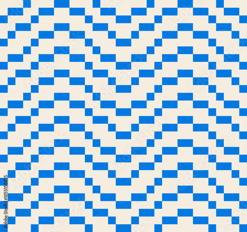 Seamless abstract pattern of blue horizontal pixel wavy lines on light background, flat style