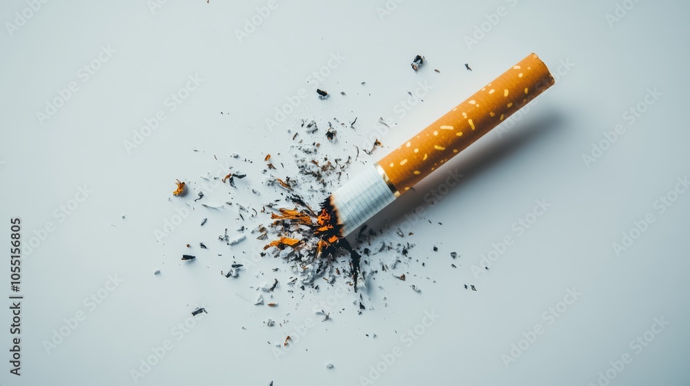 Obraz premium Cigarette Break: A broken cigarette lies on a white background, scattering ash and tobacco in a stark reminder of the consequences of smoking.