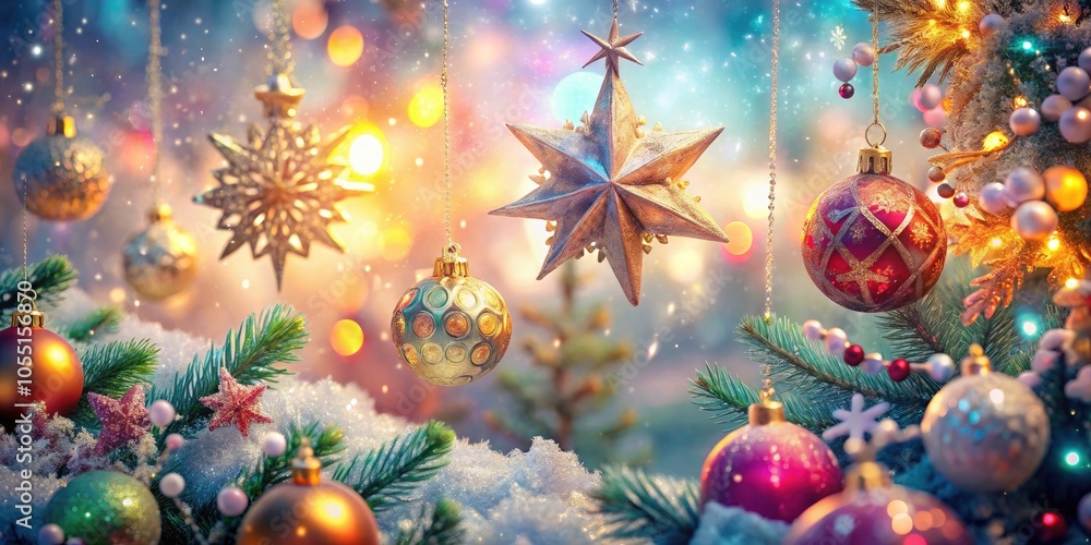 Double Exposure of Vibrant Christmas Ornaments: Stars, Snowflakes, and Trees in a Colorful Celebration Double Exposure of Vibrant Christmas Ornaments: Stars, Snowflakes, and Trees in a Colorful Celebration