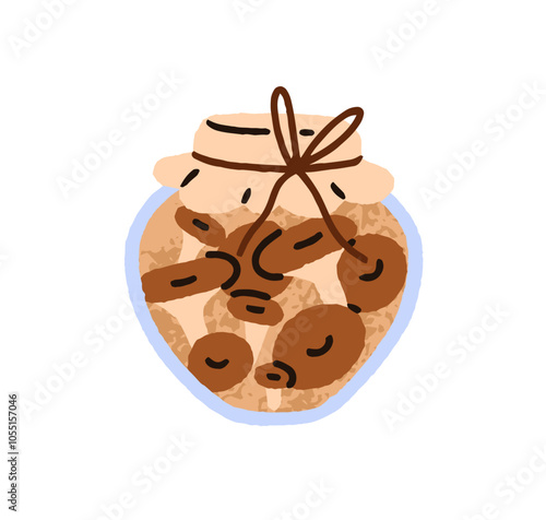 Preserved mushrooms in glass jar. Homemade pickled food, conserved fungi in container covered with lid and tied string. Seasonal eating. Flat vector illustration isolated on white background