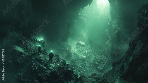 Explorers navigate a mysterious, illuminated underground cave.