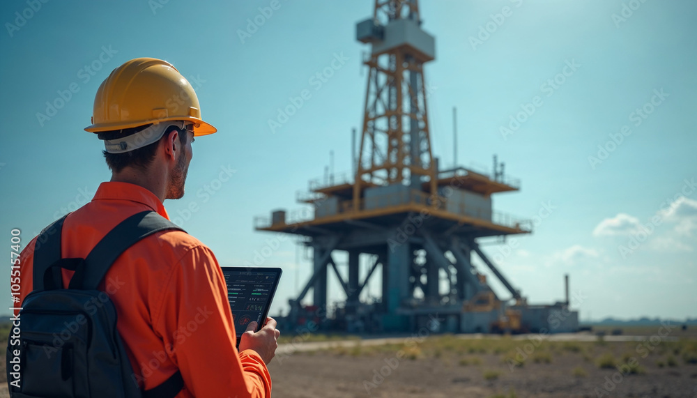A gas rig operator uses a tablet, blending traditional rig work with digital innovation. A gas rig operator uses a tablet, blending traditional rig work with digital innovation.