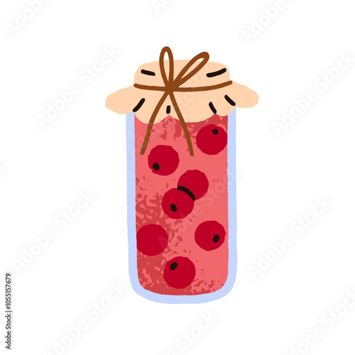 Homemade berry jam in glass jar. Sweet confiture from cranberries and cherries, lid tied with string. Preserved marmalade, seasonal spread. Flat vector illustration isolated on white background
