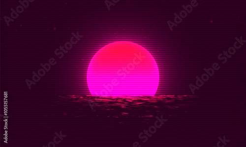 Futuristic landscape with sunset. 80s retro neon concept. Synthwave background. Vector illustration.