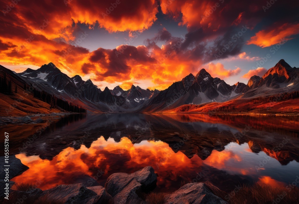 Fototapeta premium captivating sunset over majestic mountain peaks showcasing golden skies dramatic silhouettes, panorama, horizon, sky, color, cloud, landscape, nature