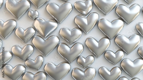 2410 72.A detailed seamless pattern of silver hearts, with a subtle 3D effect that gives the design a metallic, reflective quality. The hearts are evenly spaced and arranged in a grid-like pattern,