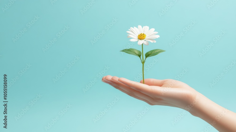 A Gentle Hand, A Growing Hope: A delicate hand cradles a single daisy, symbolizing growth, hope, and nurturing on a refreshing blue background. The image evokes a sense of tranquility and possibility. A Gentle Hand, A Growing Hope: A delicate hand cradles a single daisy, symbolizing growth, hope, and nurturing on a refreshing blue background. The image evokes a sense of tranquility and possibility.