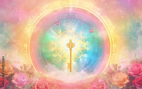 Mystical Mandala with Central Golden Key Surrounded by Rainbow Patterned Circle, Emitting a Soft Pastel Aura in Pink, Roses and Symbolic Flowers, Butterflies and Vibrant Colors Creating a Harmonious,
