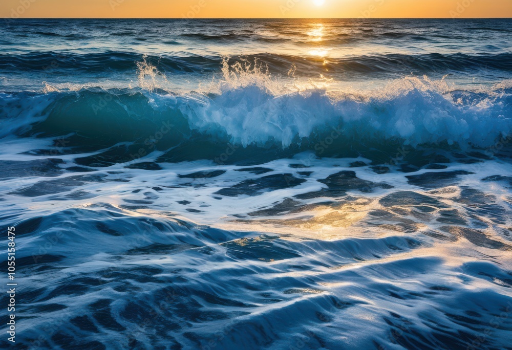 Fototapeta premium captivating serene seascape featuring bold waves textures from elements under clear blue sky, beach, coastline, ocean, water, sunset, shore, clouds, foam