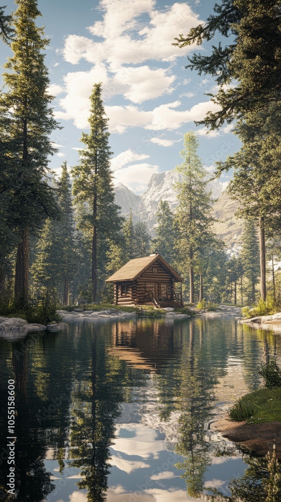 Fototapeta premium Secluded Mountain Cabin Reflection 