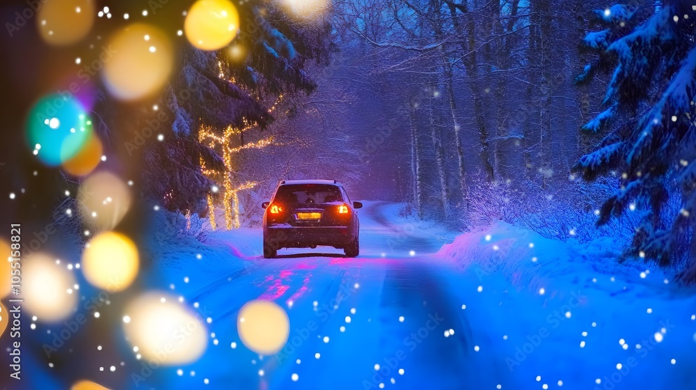 Car driving through a snowy forest with festive lights in winter. Car driving through a snowy forest with festive lights in winter.