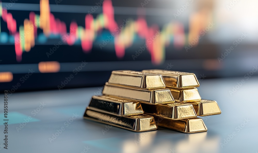 Gold Bars Stacked with Stock Market Charts in Background - Concept of Gold as an Asset Class Gold Bars Stacked with Stock Market Charts in Background - Concept of Gold as an Asset Class