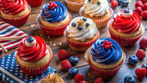 Celebrate National Day with festive red, white, and blue cupcakes and desserts, beautifully presented for low light photography. Delight in these patriotic treats!