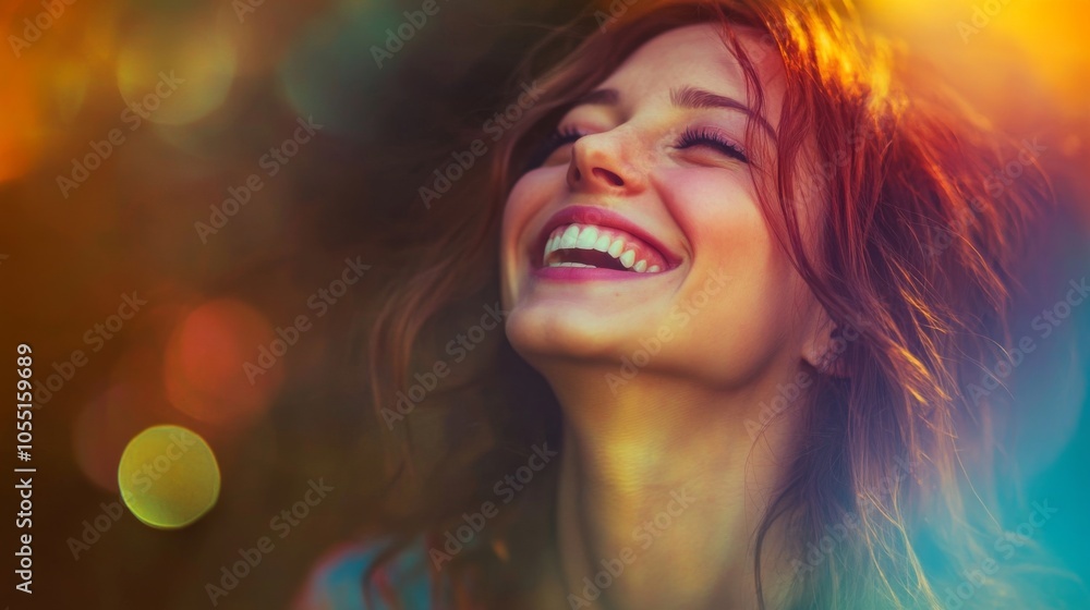 Naklejka premium Joyful Woman Smiling with Colorful Background