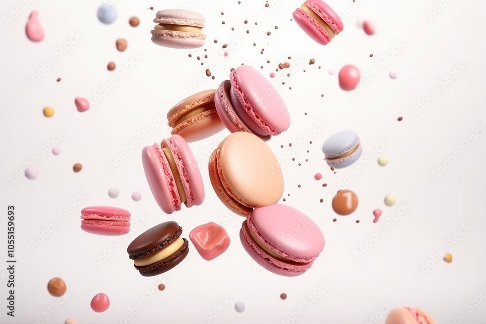 A delightful array of colorful macarons gracefully falling on a charming pink background A delightful array of colorful macarons gracefully falling on a charming pink background