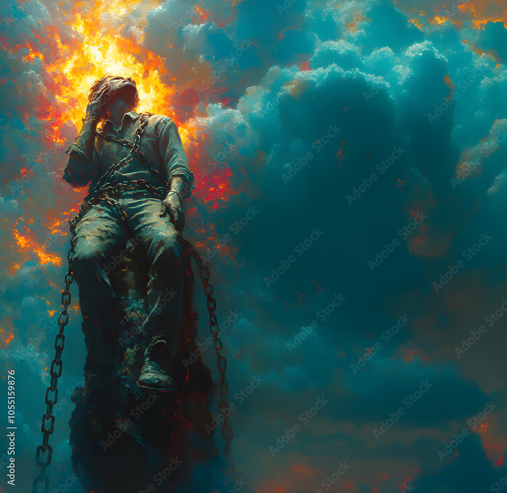 Fiery Figure Chained Amidst Dramatic Sky
Fiery Figure Chained Amidst Dramatic Sky