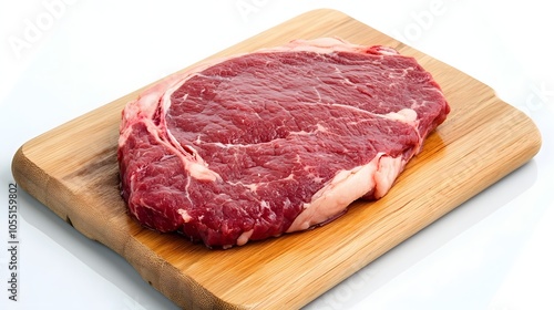 Raw ribeye steak on a wooden cutting board, ready for cooking.